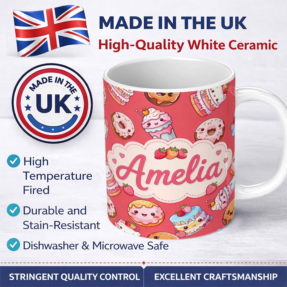 Personalized Custom Name Kawaii Donut Cake Cupcake Sweet Dessert Seamless Pattern Coral Red 11oz Ceramic Coffee Tea Mug White Large Handle