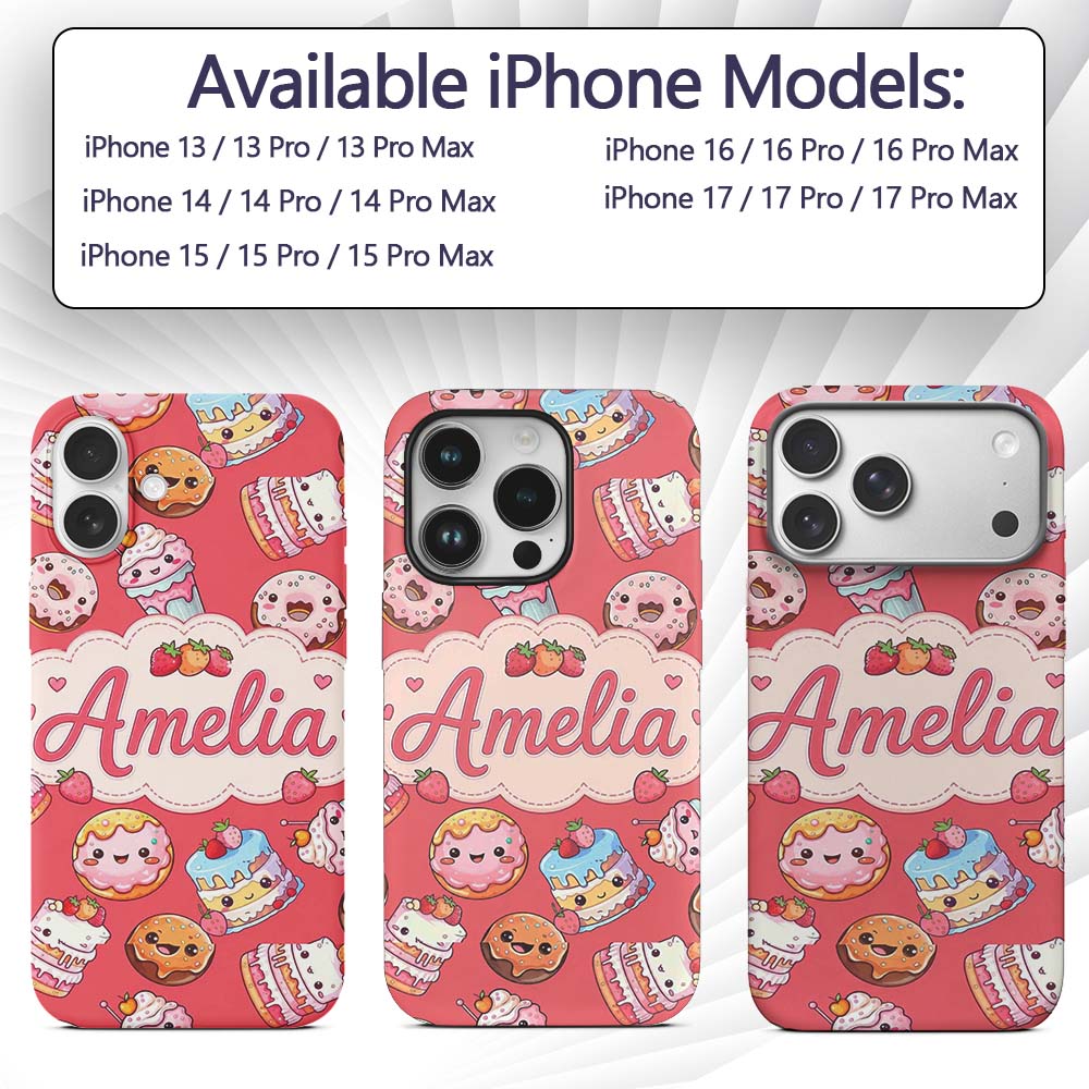 Kawaii Donut Cake Cupcake Sweet Dessert Seamless Custom Name Protective Phone Case Mobile Cover Durable Everyday Smartphone Shock Resistant