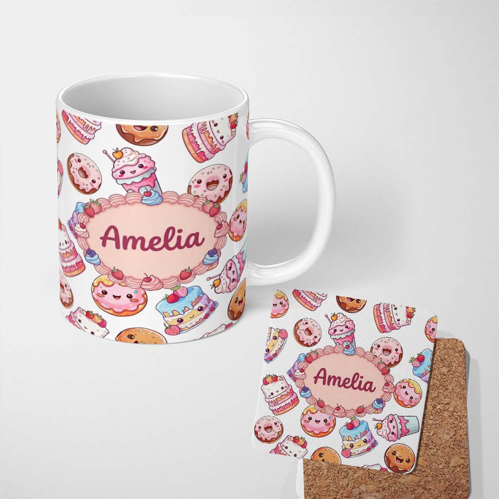 Personalized Custom Name Kawaii Donut Cake Cupcake Sweet Dessert Seamless Pattern Light Grey 11oz Ceramic Coffee Tea Mug White Large Handle