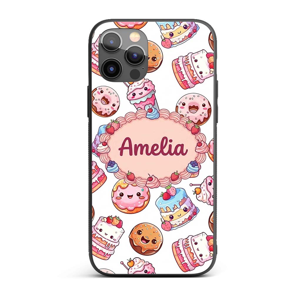 Kawaii Donut Cake Cupcake Sweet Dessert Seamless Custom Name Protective Phone Case Mobile Cover Durable Everyday Smartphone Shock Resistant