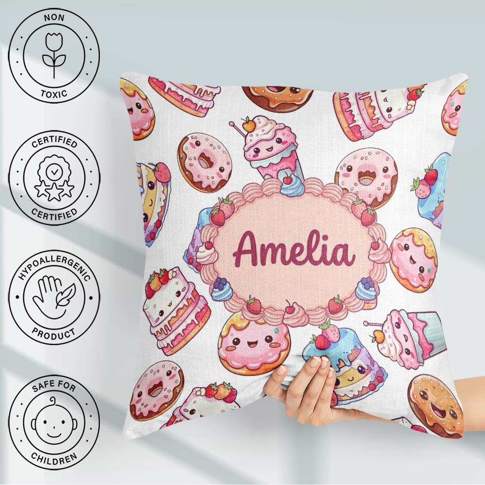 Custom Name Kawaii Donut Cake Cupcake Sweet Dessert Pattern Grey Square Filled Cushion Throw Pillow Sofa Bed Home Decor Zip Washable UK Made