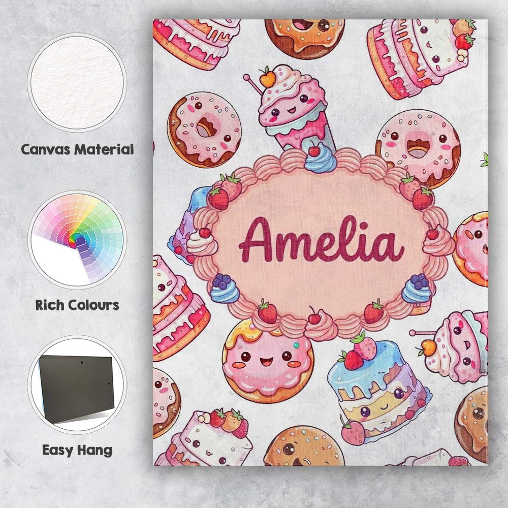 Personalised Name Kawaii Donut Cake Cupcake Custom Bespoke Interior Contemporary Canvas Wall Art Print Decor Picture Ready to Hang