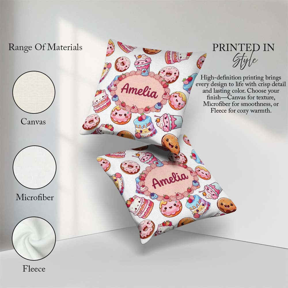 Custom Name Kawaii Donut Cake Cupcake Sweet Dessert Pattern Grey Square Filled Cushion Throw Pillow Sofa Bed Home Decor Zip Washable UK Made