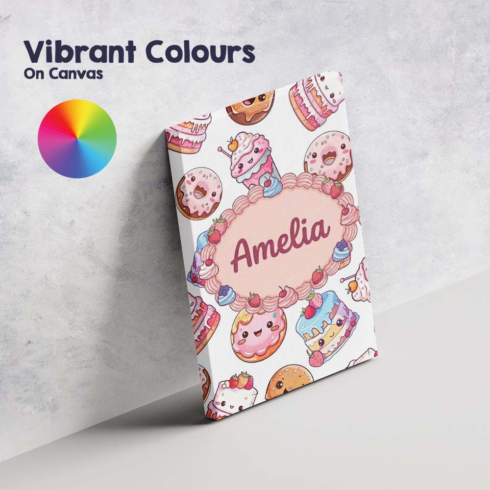 Personalised Name Kawaii Donut Cake Cupcake Custom Bespoke Interior Contemporary Canvas Wall Art Print Decor Picture Ready to Hang