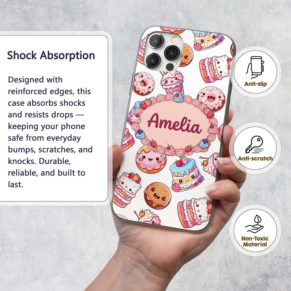 Kawaii Donut Cake Cupcake Sweet Dessert Seamless Custom Name Protective Phone Case Mobile Cover Durable Everyday Smartphone Shock Resistant