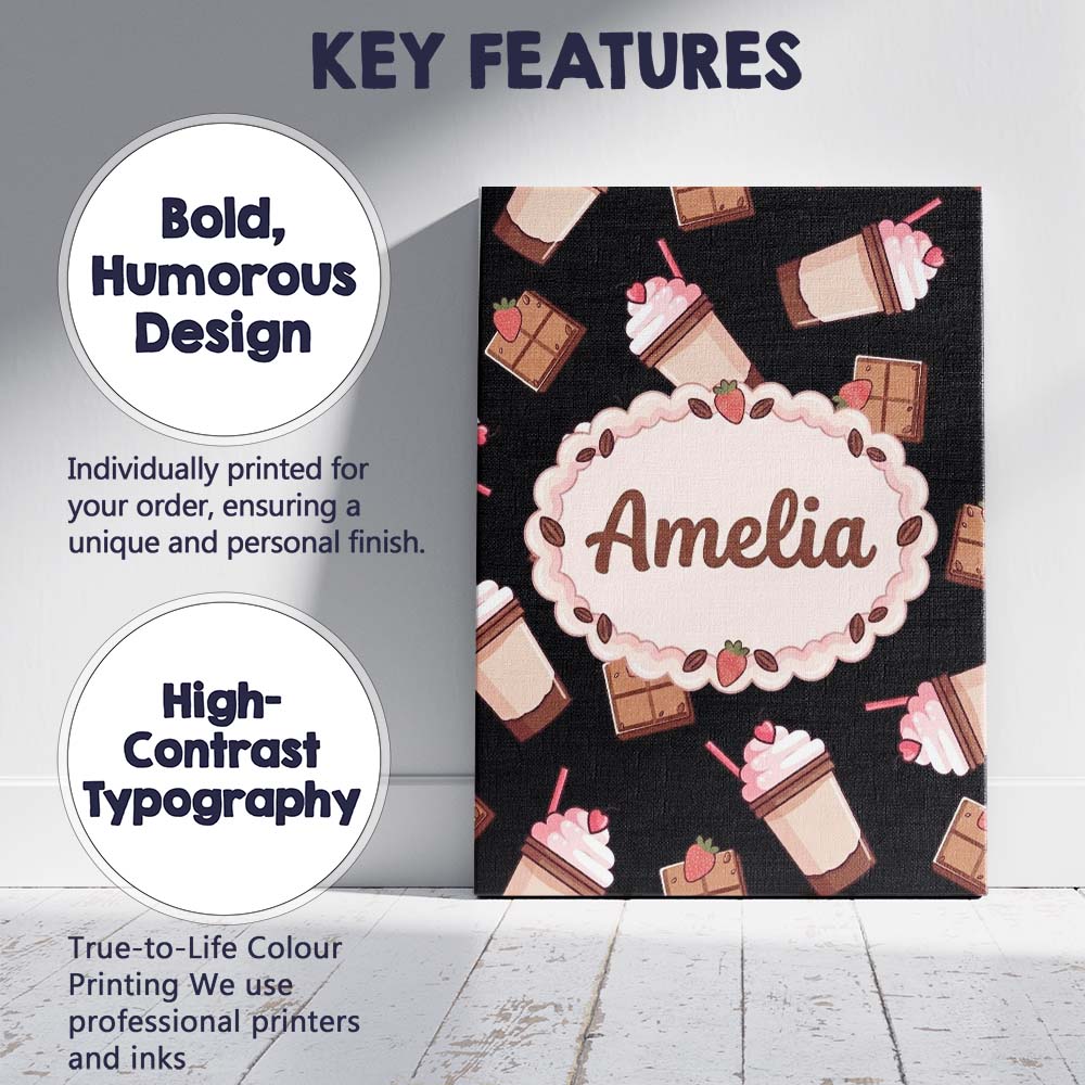 Personalised Name Cute Chocolate Strawberry Custom Bespoke Interior Contemporary Canvas Wall Art Print Decor Picture Ready to Hang