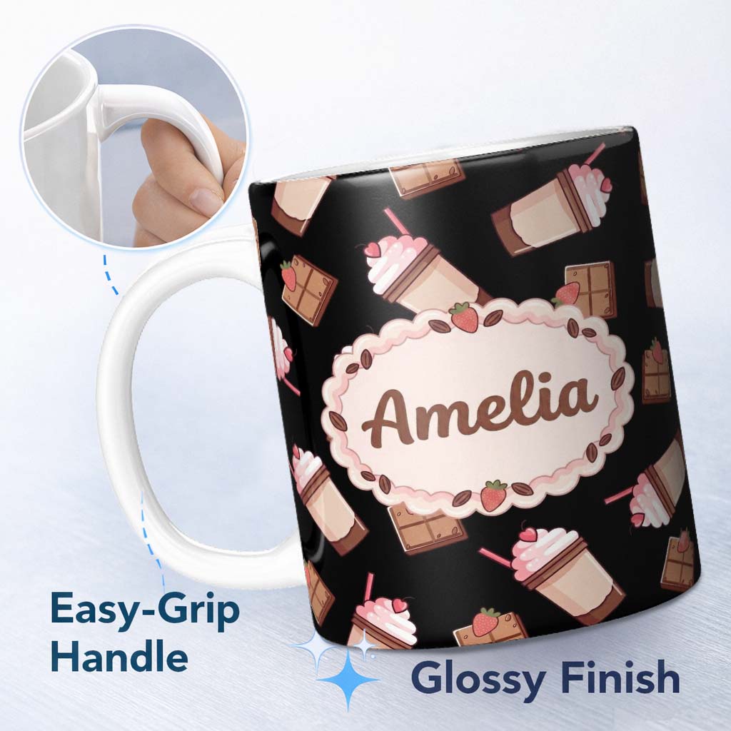 Personalized Custom Name Cute Chocolate Strawberry Milkshake Seamless Pattern Drinks Dessert 11oz Ceramic Coffee Tea Mug White Large Handle