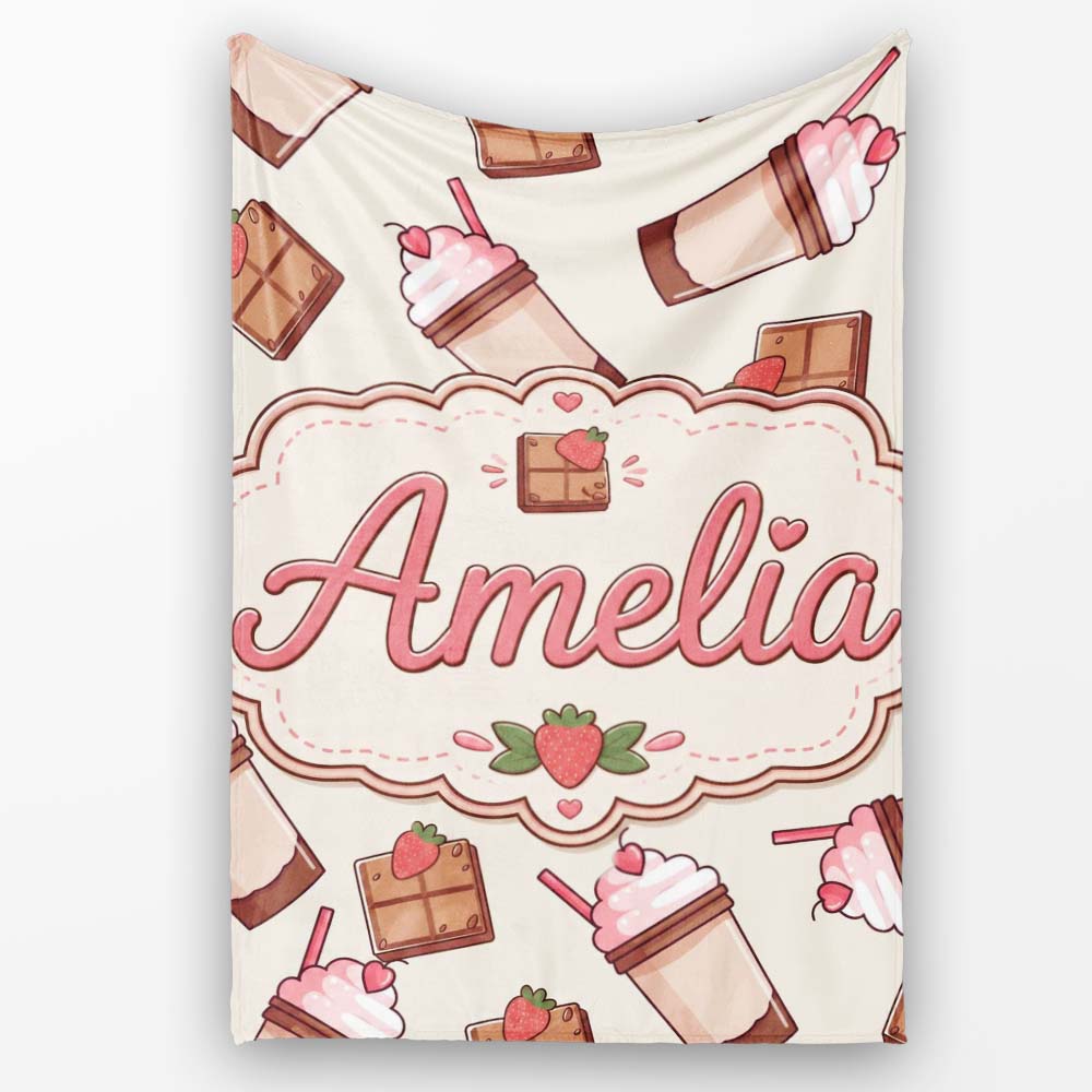 Cute Chocolate Strawberry Milkshake Seamless Pattern Cream Personalised Custom Name Super Soft Fleece Blanket Bed Sofa Throw