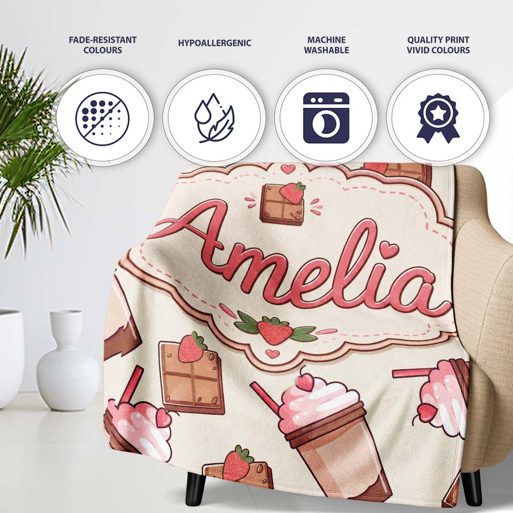 Cute Chocolate Strawberry Milkshake Seamless Pattern Cream Personalised Custom Name Super Soft Fleece Blanket Bed Sofa Throw