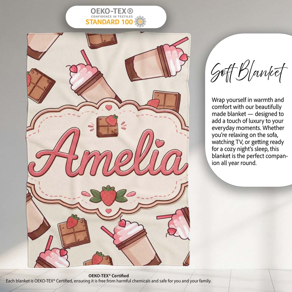 Cute Chocolate Strawberry Milkshake Seamless Pattern Cream Personalised Custom Name Super Soft Fleece Blanket Bed Sofa Throw