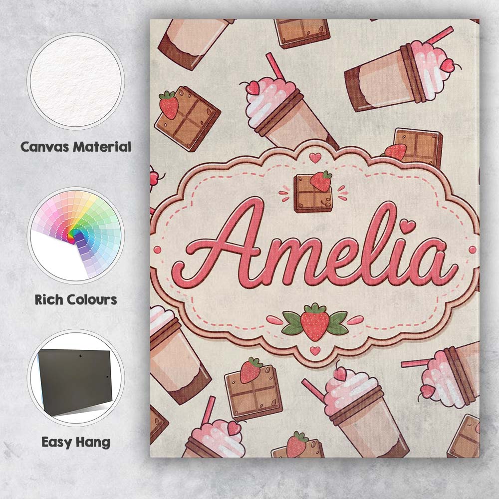 Personalised Name Cute Chocolate Strawberry Custom Bespoke Interior Contemporary Canvas Wall Art Print Decor Picture Ready to Hang