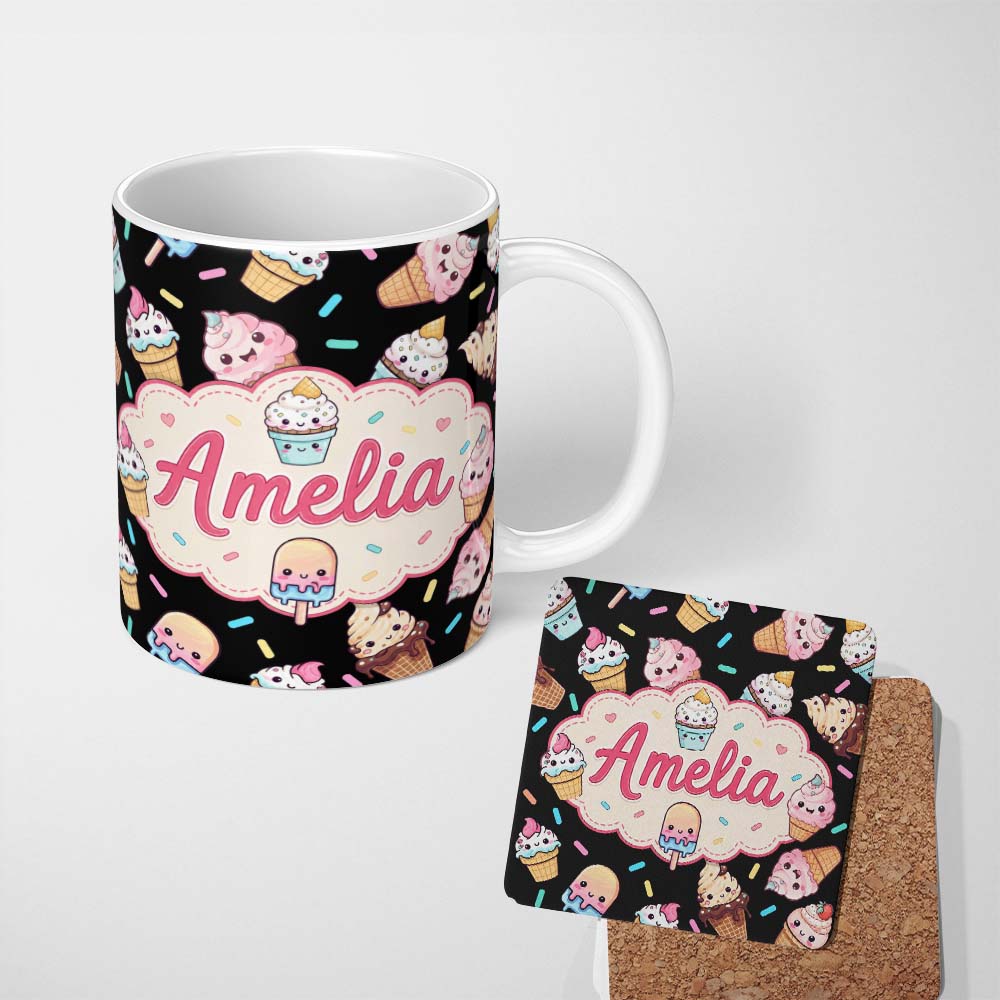 Personalized Custom Name Cute Kawaii Ice Cream Cone Popsicle Dessert Seamless Pattern Black 11oz Ceramic Coffee Tea Mug White Large Handle