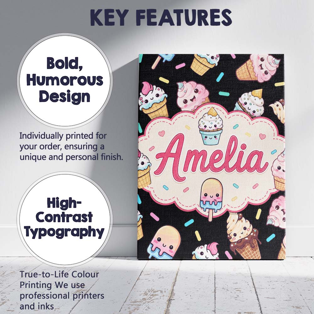 Personalised Name Cute Kawaii Ice Cream Custom Modern Room Accent Elegant Feature Canvas Wall Art Print Decor Picture Ready to Hang