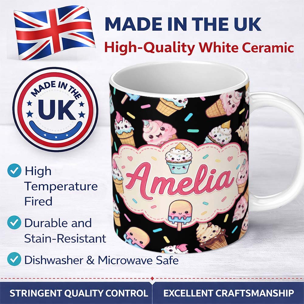 Personalized Custom Name Cute Kawaii Ice Cream Cone Popsicle Dessert Seamless Pattern Black 11oz Ceramic Coffee Tea Mug White Large Handle