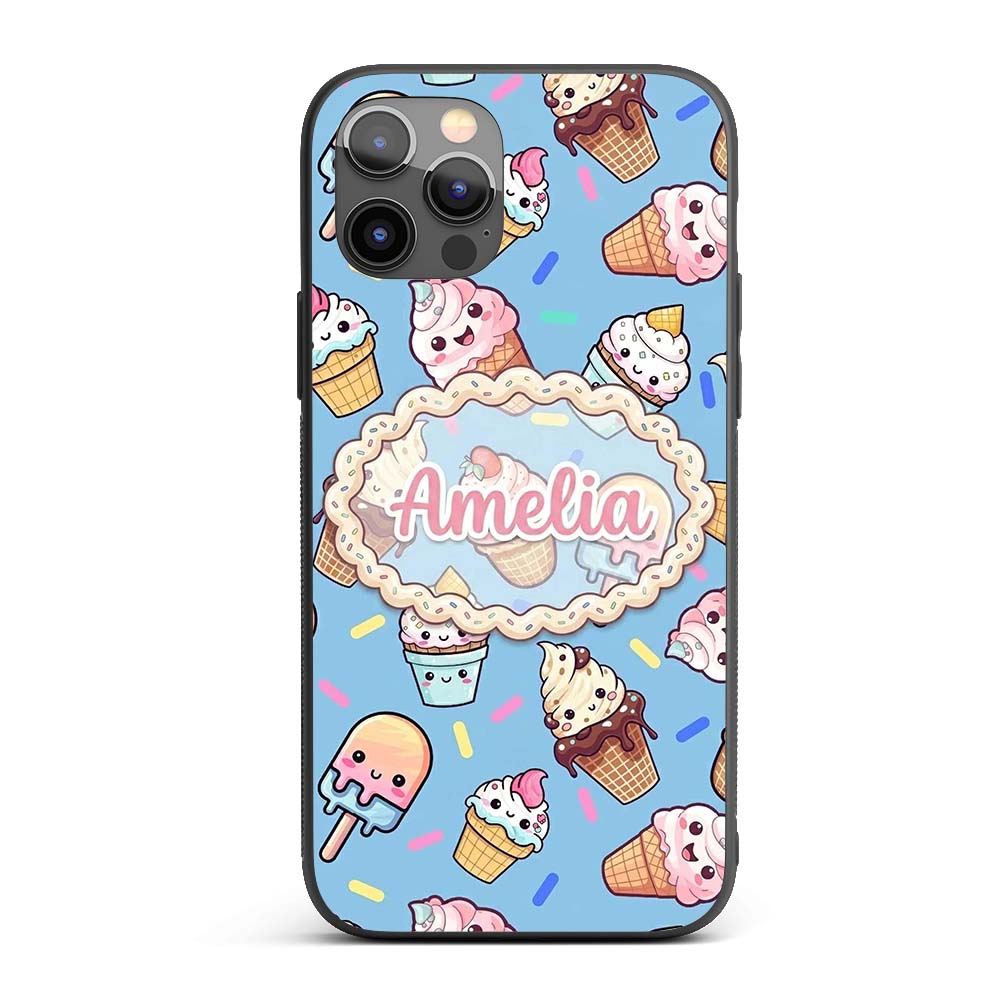 Kawaii Ice Cream Cone Popsicle Sweet Dessert Custom Name Protective Phone Case Mobile Cover Durable Everyday Smartphone Shock Resistant