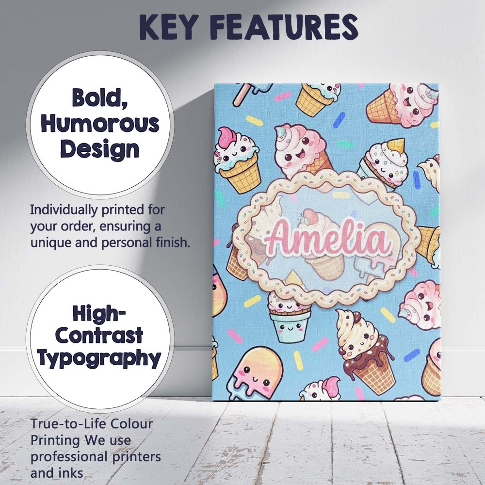 Personalised Name Kawaii Ice Cream Cone Custom Modern Room Accent Elegant Feature Canvas Wall Art Print Decor Picture Ready to Hang