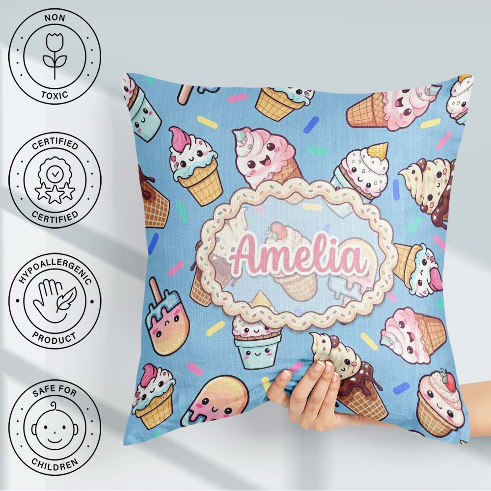 Custom Name Kawaii Ice Cream Cone Popsicle Sweet Dessert Pattern Square Filled Cushion Throw Pillow Sofa Bed Home Decor Zip Washable UK Made