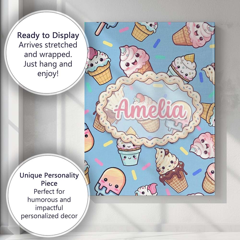 Personalised Name Kawaii Ice Cream Cone Custom Modern Room Accent Elegant Feature Canvas Wall Art Print Decor Picture Ready to Hang