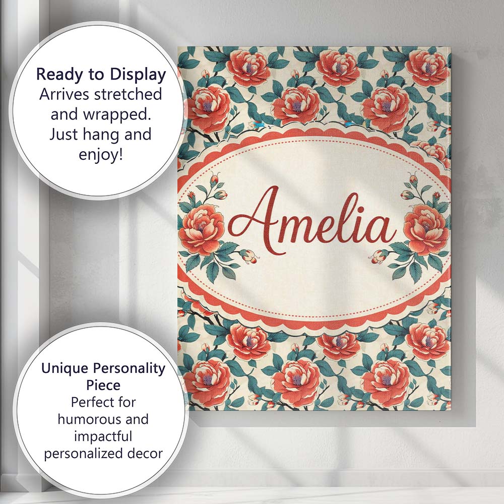 Personalised Name Bold Red Blue Rose Floral Seamless Pattern Perfect Custom Home Canvas Wall Art Print Decor Picture Ready to Hang