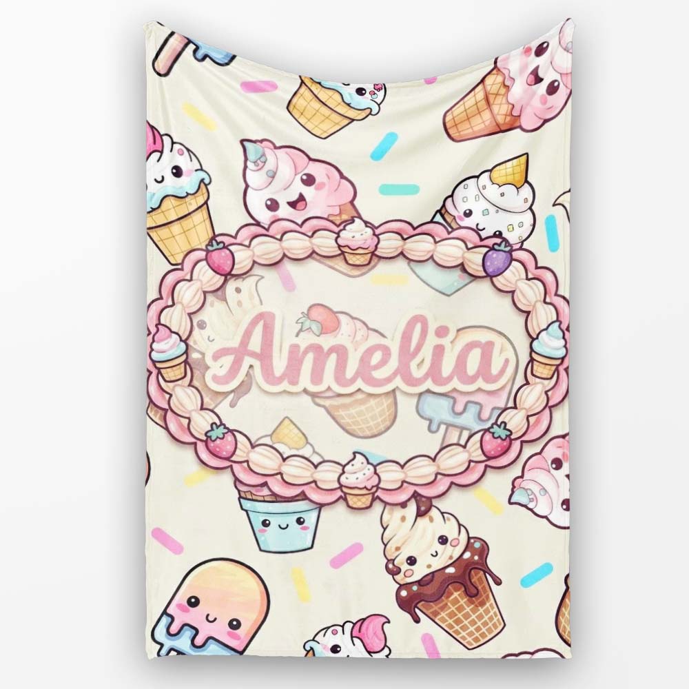 Kawaii Ice Cream Cone Popsicle Sweet Dessert Seamless Pattern Name Personalised Custom Name Super Soft Fleece Blanket Bed Sofa Throw