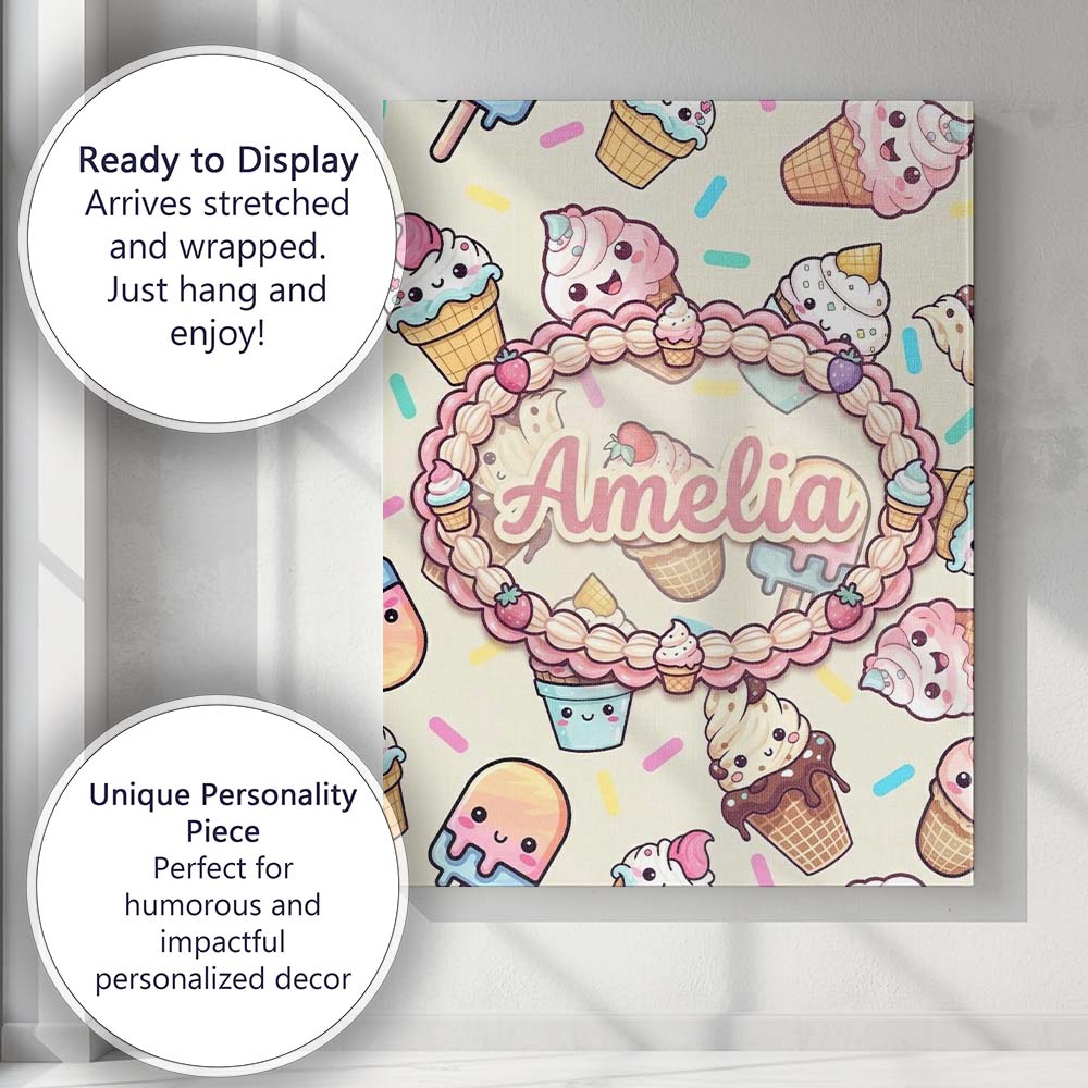 Personalised Name Kawaii Ice Cream Cone Custom Modern Room Accent Elegant Feature Canvas Wall Art Print Decor Picture Ready to Hang