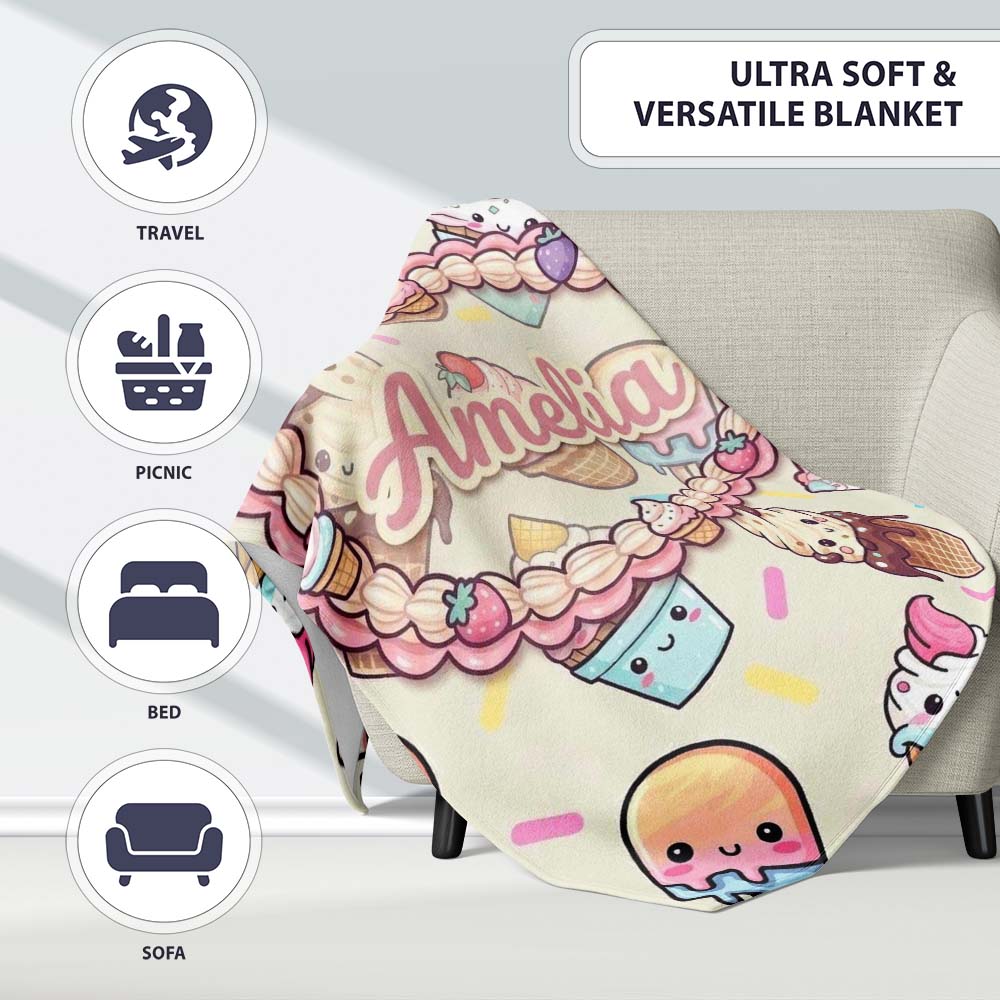 Kawaii Ice Cream Cone Popsicle Sweet Dessert Seamless Pattern Name Personalised Custom Name Super Soft Fleece Blanket Bed Sofa Throw