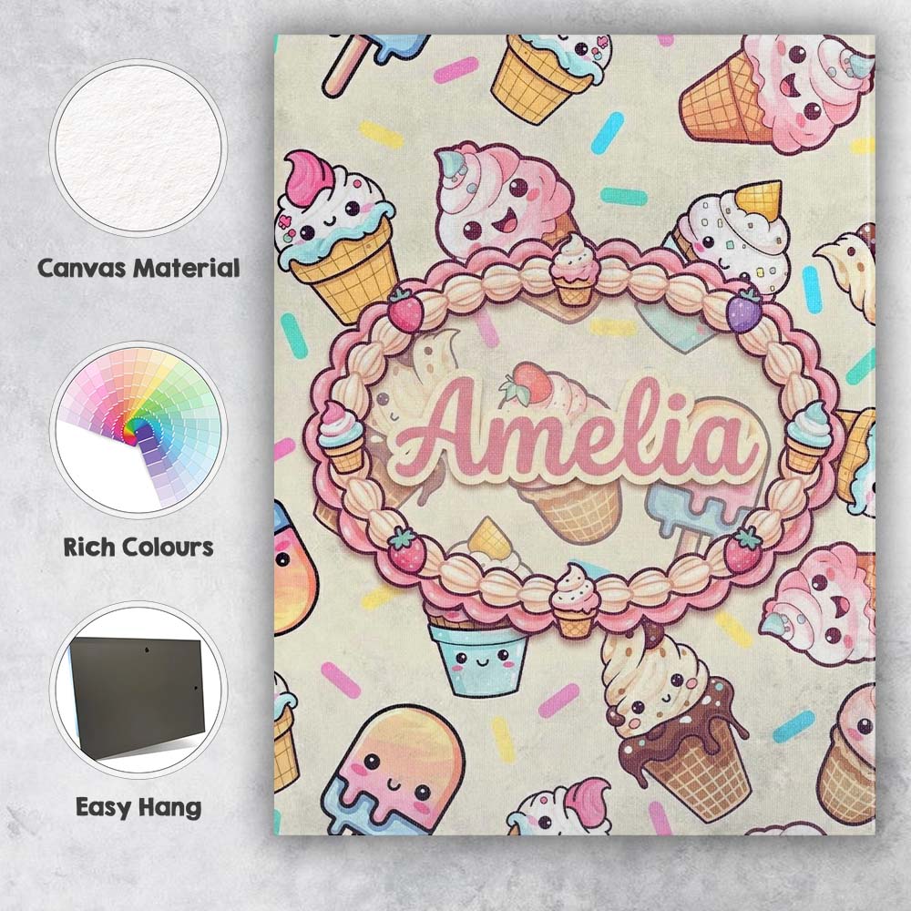 Personalised Name Kawaii Ice Cream Cone Custom Modern Room Accent Elegant Feature Canvas Wall Art Print Decor Picture Ready to Hang