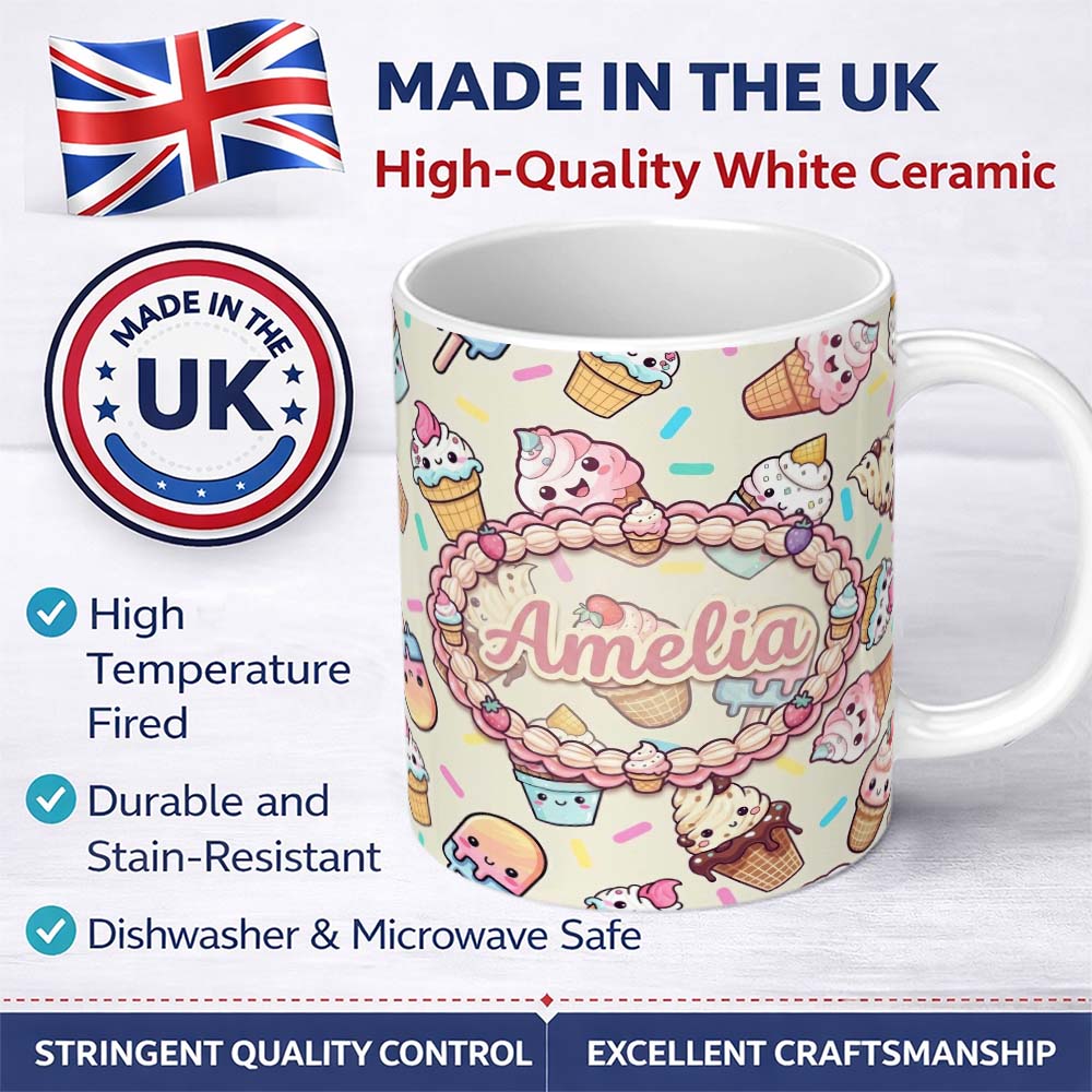 Personalized Custom Name Kawaii Ice Cream Cone Popsicle Sweet Dessert Seamless Pattern Name 11oz Ceramic Coffee Tea Mug White Large Handle