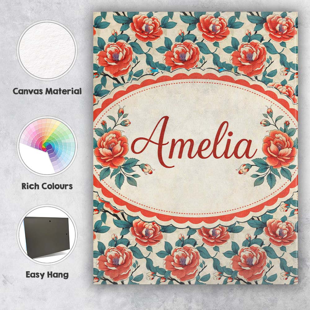Personalised Name Bold Red Blue Rose Floral Seamless Pattern Perfect Custom Home Canvas Wall Art Print Decor Picture Ready to Hang