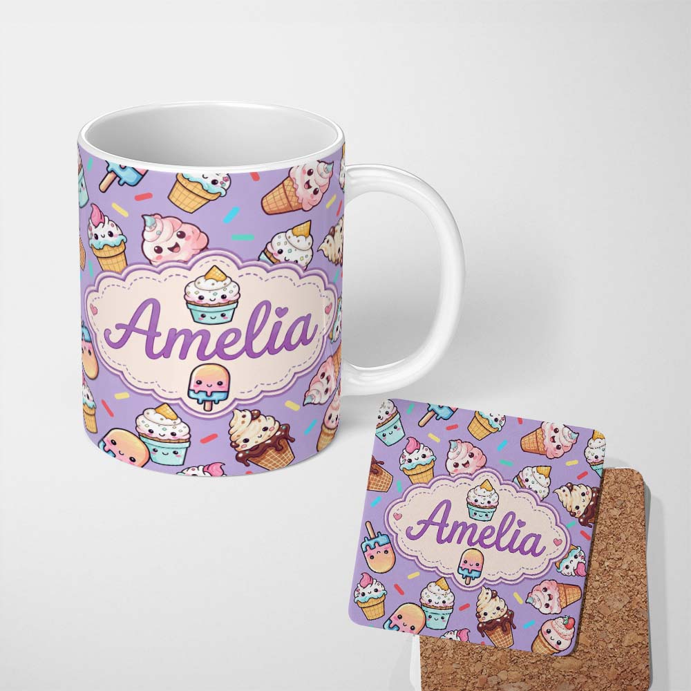 Personalized Custom Name Kawaii Ice Cream Cone Popsicle Sweet Dessert Seamless Pattern 11oz Ceramic Coffee Tea Mug White Large Handle