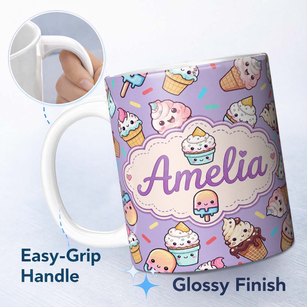 Personalized Custom Name Kawaii Ice Cream Cone Popsicle Sweet Dessert Seamless Pattern 11oz Ceramic Coffee Tea Mug White Large Handle