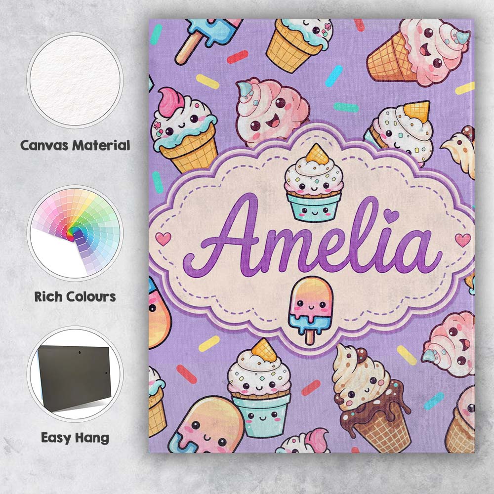 Personalised Name Kawaii Ice Cream Cone Custom Modern Room Accent Elegant Feature Canvas Wall Art Print Decor Picture Ready to Hang