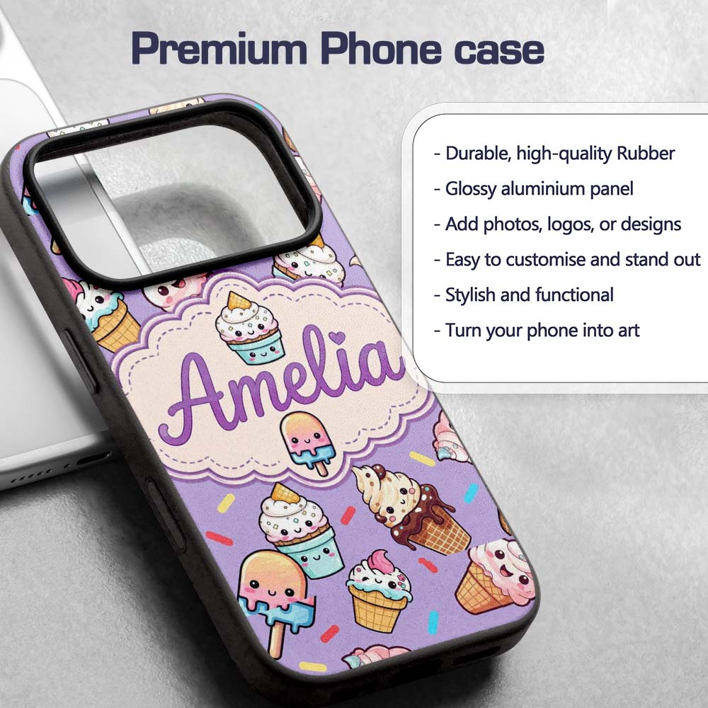 Kawaii Ice Cream Cone Popsicle Sweet Dessert Custom Name Protective Phone Case Mobile Cover Durable Everyday Smartphone Shock Resistant