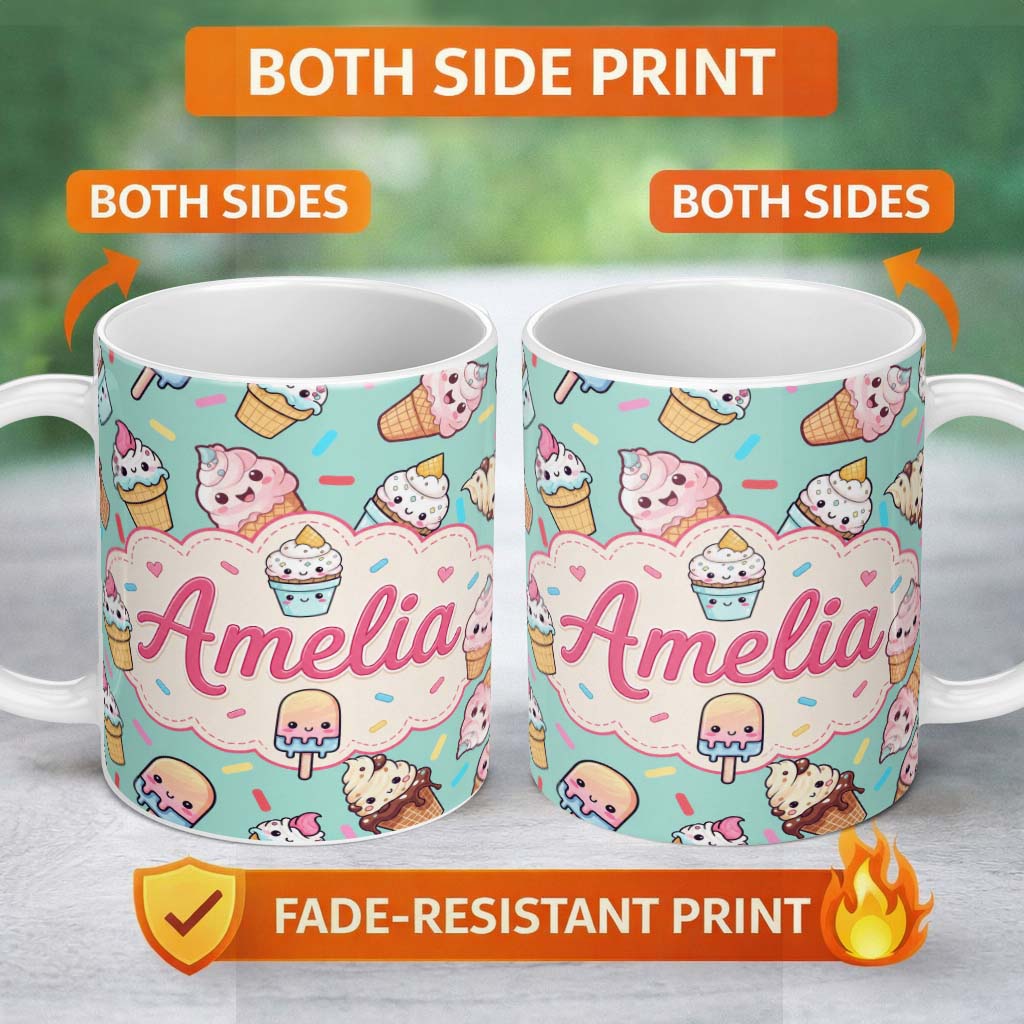 Personalized Custom Name Kawaii Ice Cream Cone Popsicle Sweet Dessert Seamless Pattern Mint 11oz Ceramic Coffee Tea Mug White Large Handle