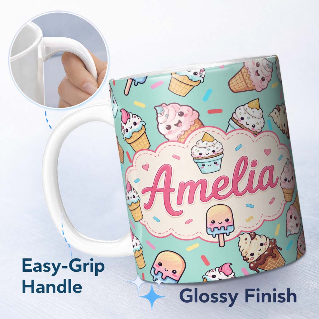 Personalized Custom Name Kawaii Ice Cream Cone Popsicle Sweet Dessert Seamless Pattern Mint 11oz Ceramic Coffee Tea Mug White Large Handle
