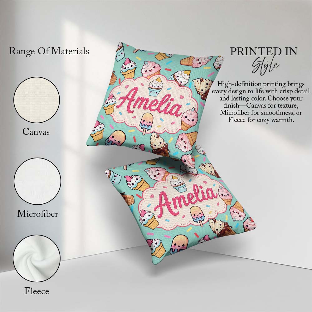 Custom Name Kawaii Ice Cream Cone Popsicle Sweet Dessert Pattern Square Filled Cushion Throw Pillow Sofa Bed Home Decor Zip Washable UK Made