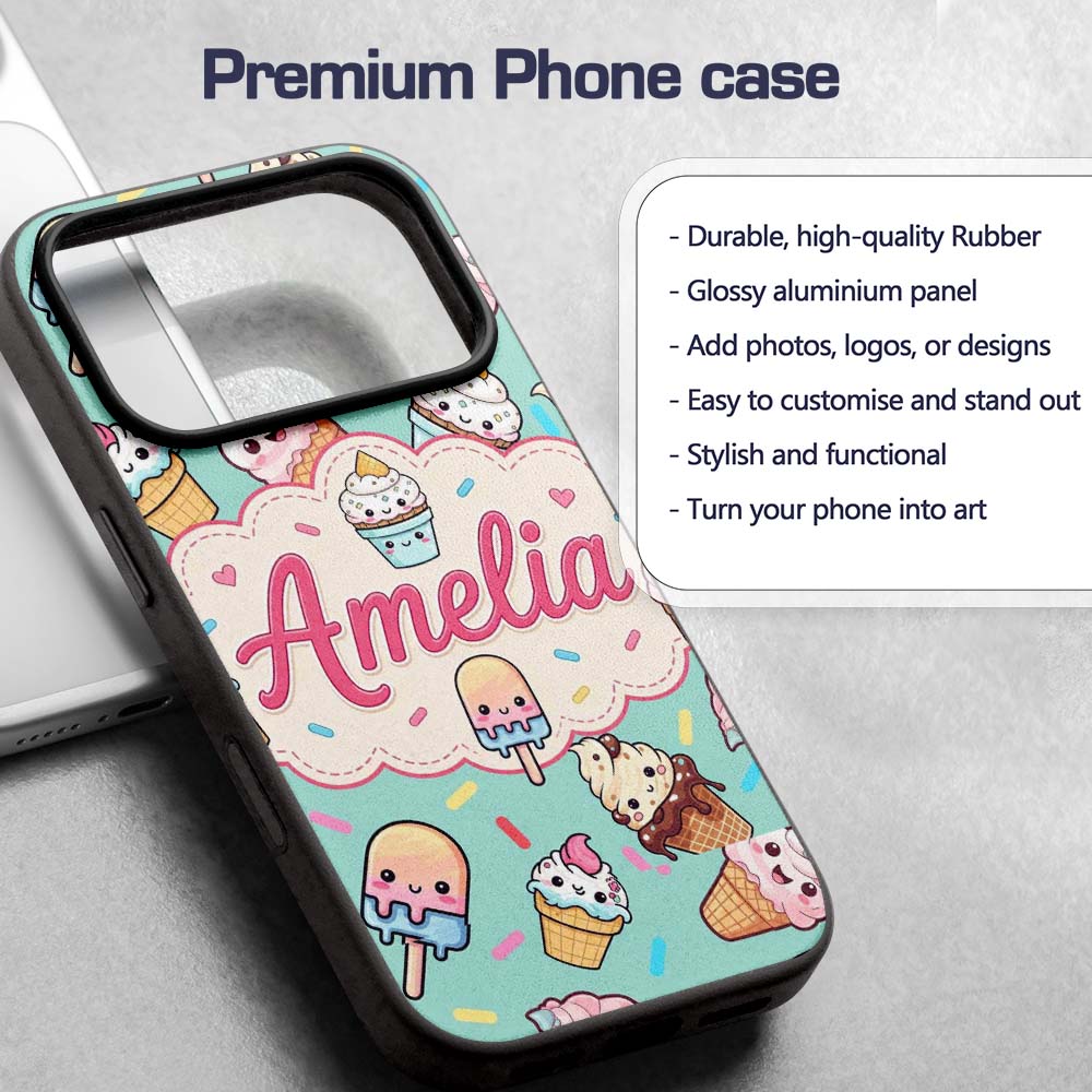 Kawaii Ice Cream Cone Popsicle Sweet Dessert Custom Name Protective Phone Case Mobile Cover Durable Everyday Smartphone Shock Resistant
