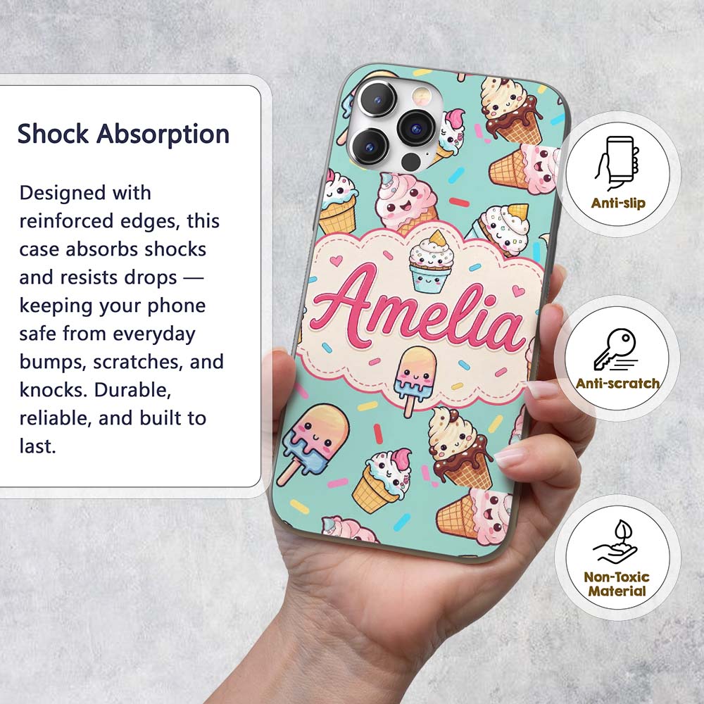 Kawaii Ice Cream Cone Popsicle Sweet Dessert Custom Name Protective Phone Case Mobile Cover Durable Everyday Smartphone Shock Resistant