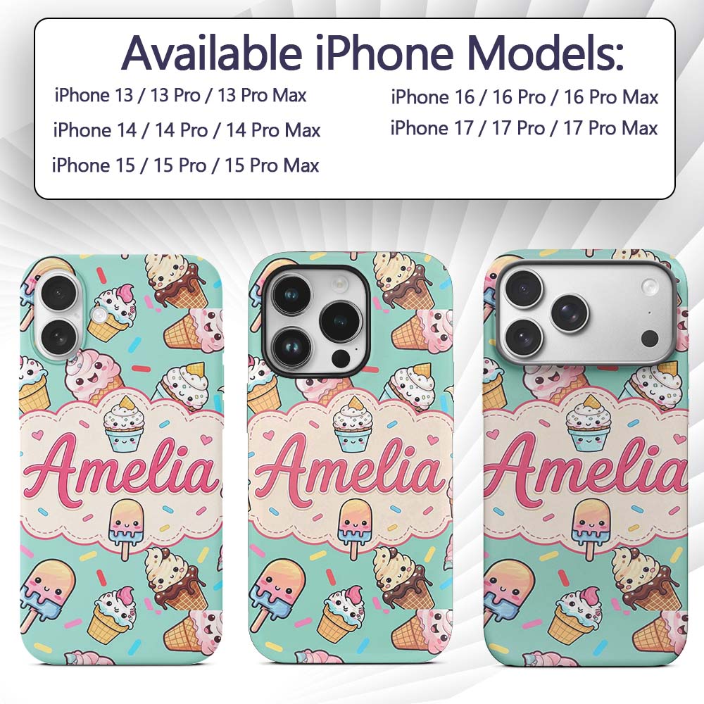 Kawaii Ice Cream Cone Popsicle Sweet Dessert Custom Name Protective Phone Case Mobile Cover Durable Everyday Smartphone Shock Resistant