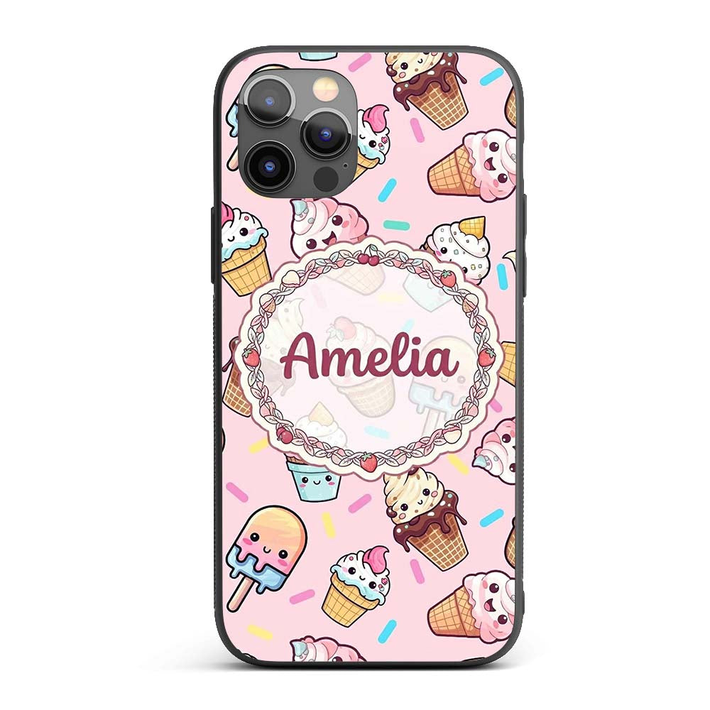 Kawaii Ice Cream Cone Popsicle Sweet Dessert Custom Name Protective Phone Case Mobile Cover Durable Everyday Smartphone Shock Resistant
