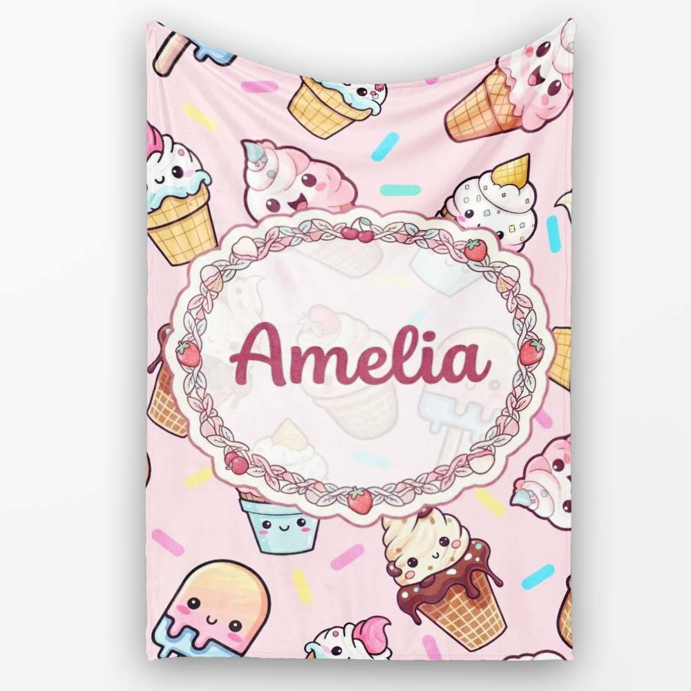 Kawaii Ice Cream Cone Popsicle Sweet Dessert Seamless Pattern Soft Personalised Custom Name Super Soft Fleece Blanket Bed Sofa Throw