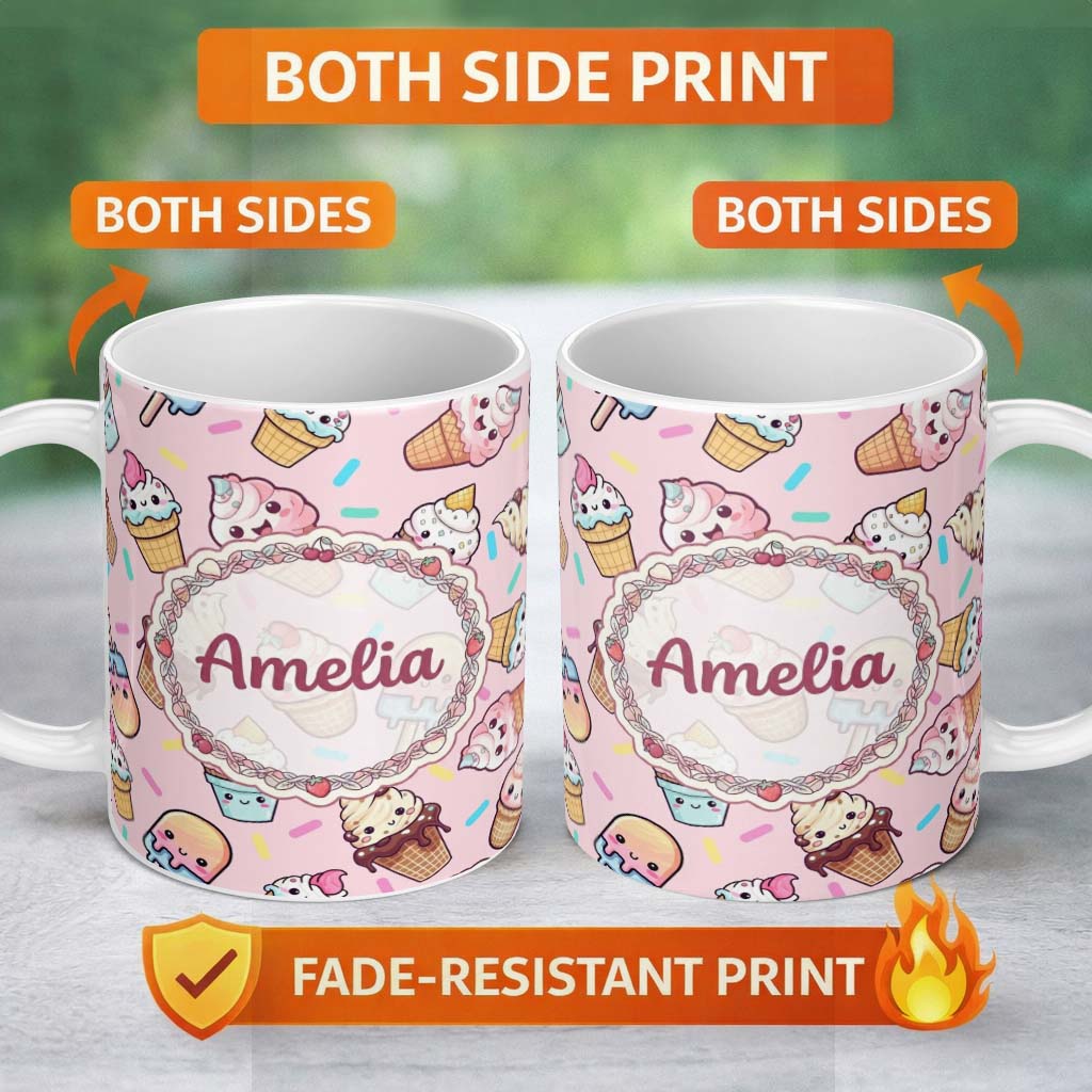 Personalized Custom Name Kawaii Ice Cream Cone Popsicle Sweet Dessert Seamless Pattern Soft 11oz Ceramic Coffee Tea Mug White Large Handle