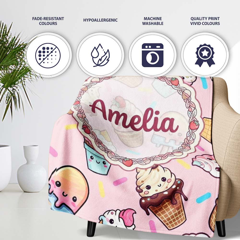 Kawaii Ice Cream Cone Popsicle Sweet Dessert Seamless Pattern Soft Personalised Custom Name Super Soft Fleece Blanket Bed Sofa Throw