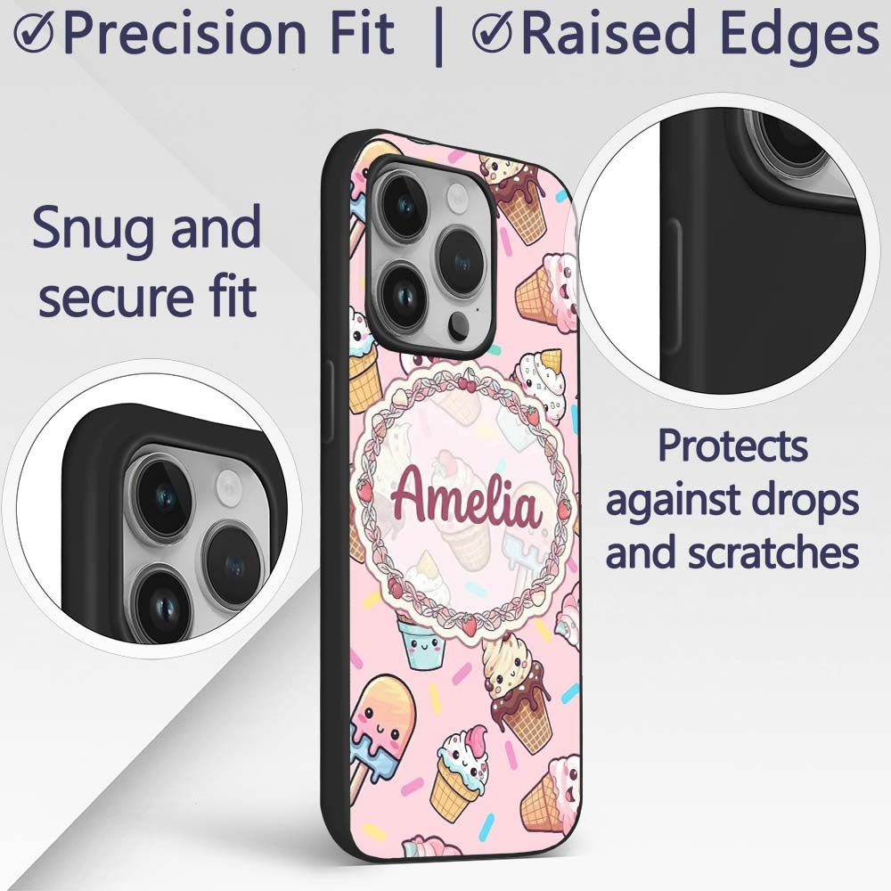 Kawaii Ice Cream Cone Popsicle Sweet Dessert Custom Name Protective Phone Case Mobile Cover Durable Everyday Smartphone Shock Resistant