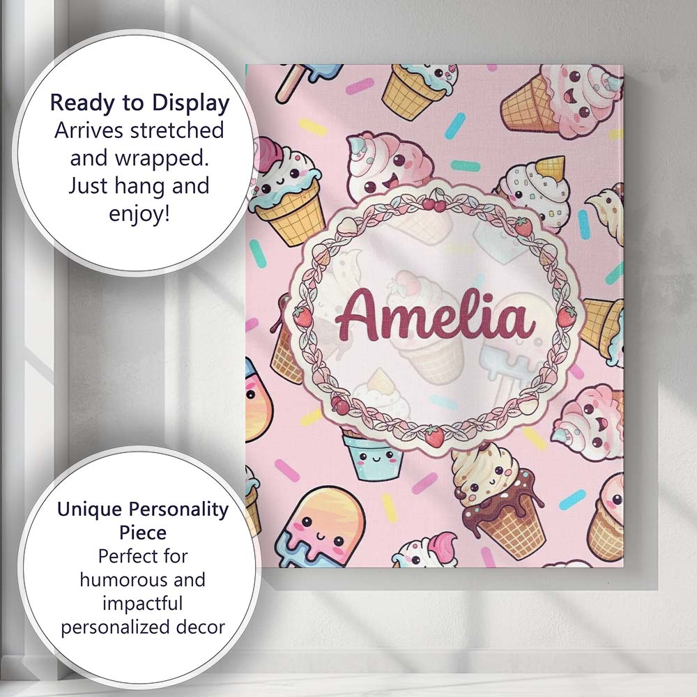 Personalised Name Kawaii Ice Cream Cone Custom Modern Room Accent Elegant Feature Canvas Wall Art Print Decor Picture Ready to Hang