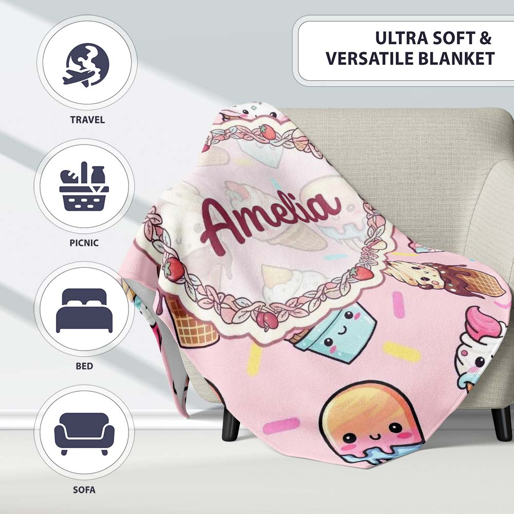 Kawaii Ice Cream Cone Popsicle Sweet Dessert Seamless Pattern Soft Personalised Custom Name Super Soft Fleece Blanket Bed Sofa Throw