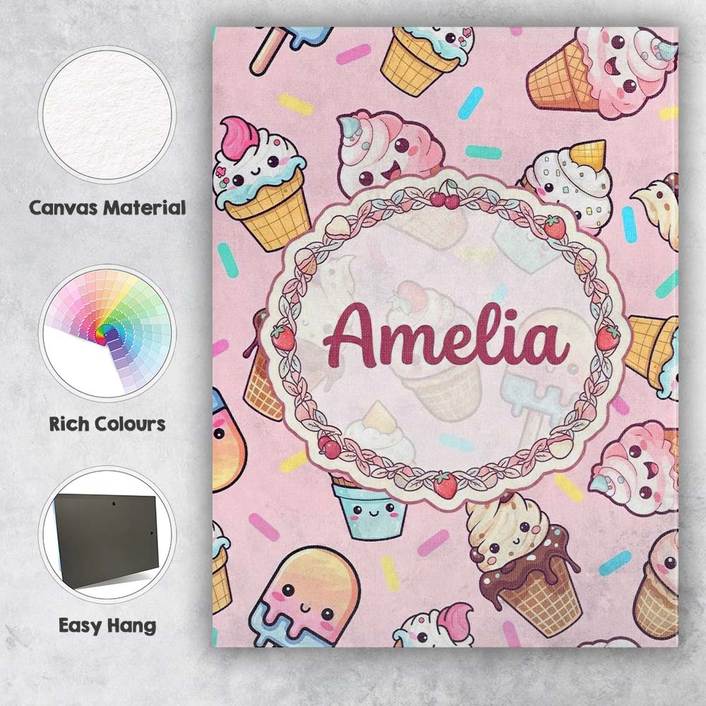 Personalised Name Kawaii Ice Cream Cone Custom Modern Room Accent Elegant Feature Canvas Wall Art Print Decor Picture Ready to Hang
