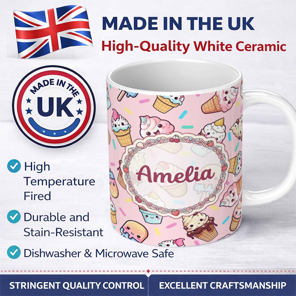 Personalized Custom Name Kawaii Ice Cream Cone Popsicle Sweet Dessert Seamless Pattern Soft 11oz Ceramic Coffee Tea Mug White Large Handle