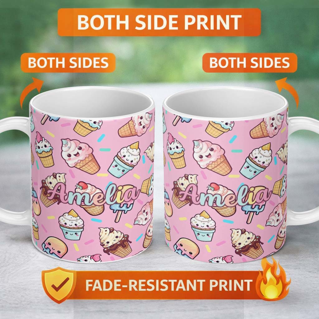 Personalized Custom Name Kawaii Ice Cream Cone Popsicle Sweet Dessert Seamless Pattern Blush 11oz Ceramic Coffee Tea Mug White Large Handle
