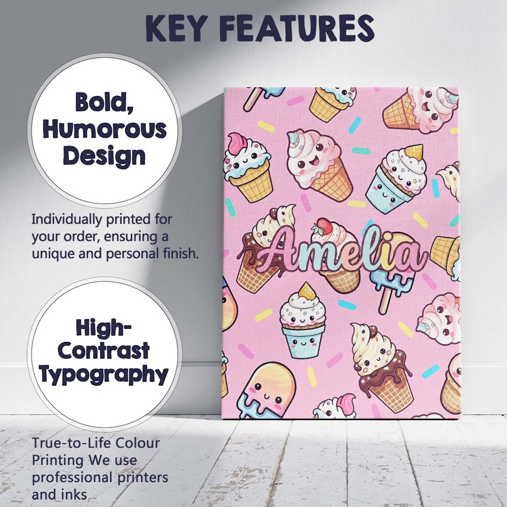 Personalised Name Kawaii Ice Cream Cone Custom Modern Room Accent Elegant Feature Canvas Wall Art Print Decor Picture Ready to Hang